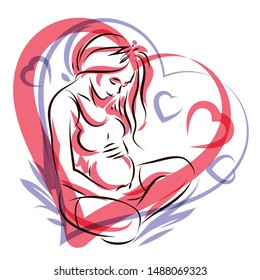 Pregnant elegant woman expects baby, hand-drawn vector illustration composed by heart shape frame. Love and fondle theme. Mothers day.