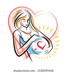 Pregnant elegant woman expects baby, hand-drawn vector illustration composed by heart shape frame. Love and fondle theme. Mothers day.