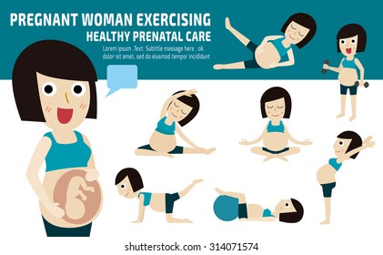 pregnant exercise. set of full body mom relax with pilates. wellness  concept mother cartoon character. vector flat modern icons design. brochure illustration. isolated on white and blue background.