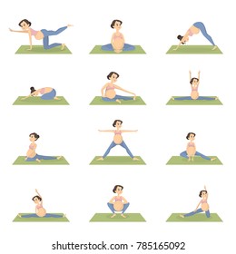 Pregnant exercises set. Training with sport equipment.