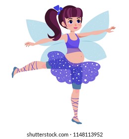 A pregnant fairy girl in a ballerina attire with wings. Vector illustration on white background. Cartoon style.