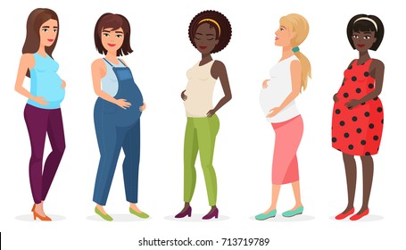 Pregnant fashion set. Happy woman mom expecting baby in dresses. Pregnancy cartoon vector illustration.