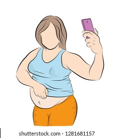 A pregnant or fat woman takes a selfie. vector illustration.