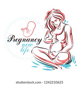 Pregnant female beautiful body outline, mother-to-be drawn vector illustration. Gynecology and pregnancy medical care clinic promotion leaflet