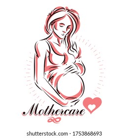 Pregnant female beautiful body outline, mother-to-be drawn vector illustration. Mother Day conceptual flyer