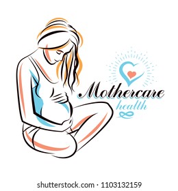 Pregnant female body shape hand drawn vector illustration, beautiful lady gently touching her belly. Gynecology and pregnancy medical care clinic promotion leaflet