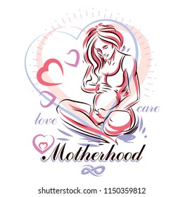 Pregnant female body shape hand drawn vector illustration, beautiful lady gently touching her belly. Mothers day conceptual poster