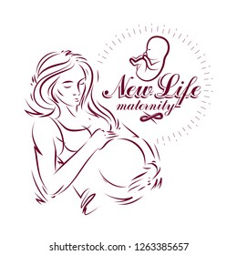 Pregnant female body shape hand drawn vector illustration, beautiful lady gently touching her belly. Maternity ward marketing poster