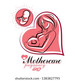 Pregnant female body shape hand drawn vector illustration, beautiful lady gently touching her belly. Reproduction clinic advertising