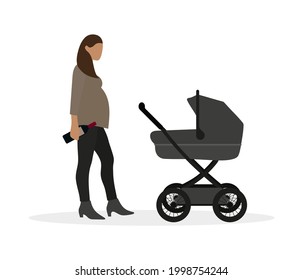 Pregnant female character with baby carriage and bottle of wine in hand on white background