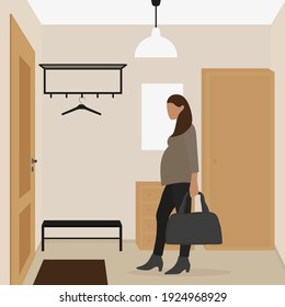 Pregnant female character with a bag in hand goes to the door