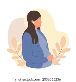 Pregnant female character with closed eyes is touching her belly on white background. Concept of pregnancy and motherhood. Woman is expecting a baby. Flat cartoon vector illustration