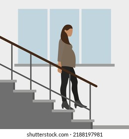 Pregnant female character descends the stairs against the backdrop of a wall with a window