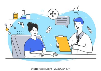 Pregnant female character at the doctor s appointment. Cheerful woman expecting a baby visits a doctor. Examination during pregnancy. Flat cartoon vector illustration