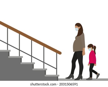 Pregnant female character and little girl in medical masks walking towards stairs on white background