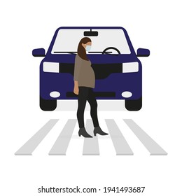 Pregnant female character in medical mask walking on a pedestrian crossing in front of a car on a white background