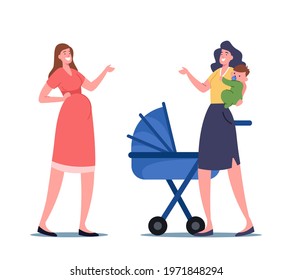 Pregnant Female Character and Mother with Little Child on Hands Chatting Discussing Maternity Leave and Motherhood Issues on Street. Young Women Baby Delivery. Cartoon People Vector Illustration