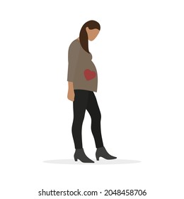 Pregnant female character with a picture of a heart on her belly stands on a white background