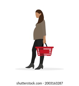 Pregnant female character with red grocery basket on white background