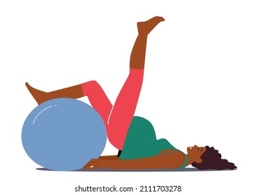 Pregnant Female Character Relaxing on Fitball, Woman Lying on Floor with Raised Leg Practicing Yoga Isolated on White Background. Maternity and Healthy Pregnancy. Cartoon People Vector Illustration