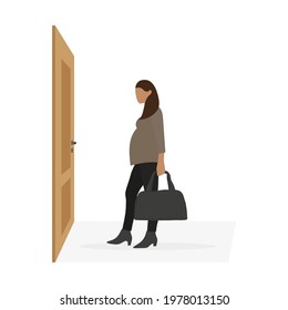 Pregnant female character with sports bag in hand stands in front of door on white background