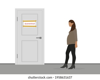 A pregnant female character stands near a closed door with an announcement "In quarantine"