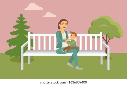 Pregnant female character taking care of son. Woman holding spoon giving food to angry child. Lady sitting on wooden bench with irritated kiddo. Nature with trees and bushes, vector in flat style