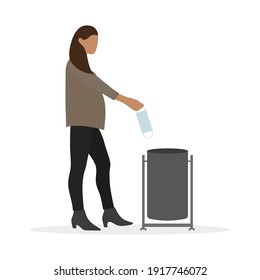 Pregnant female character throws medical mask into trash can