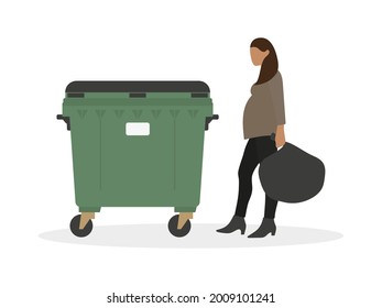 Pregnant female character with trash bag in hand goes to trash can on white background