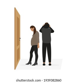 Pregnant female character and turned away male character in front of closed door on white background