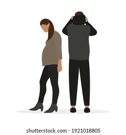 Pregnant female character walking away from male character on white background