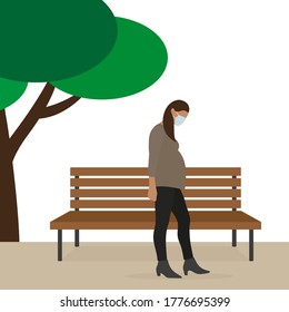 
Pregnant female character walks in a park near a bench