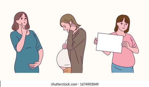 Pregnant female character. Women thinking, looking at the boat, holding a white board. hand drawn style vector design illustrations. 