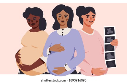 Pregnant female characters cartoon illustration. Women health care hand drawn banner design. Happy motherhood printing card