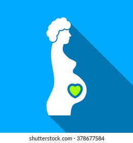 Pregnant Female long shadow vector icon. Style is a flat light symbol with rounded angles on a blue square background.