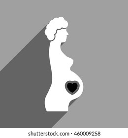 Pregnant Female long shadow vector icon. Style is a flat pregnant female black and white iconic symbol on a gray square background.