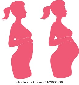 Pregnant female silhouettes and baby. Pregnant woman character holding her belly. Child planning. The concept of motherhood, prenatal intrauterine development. Flat cartoon illustration.