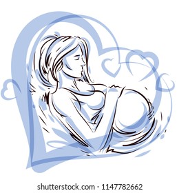 Pregnant female surrounded by heart shape frame hand drawn vector illustration, beautiful lady gently touching her belly. Love and tenderness concept.