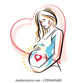 Pregnant female surrounded by heart shape frame hand drawn vector illustration, beautiful lady gently touching her belly. Love and tenderness concept.