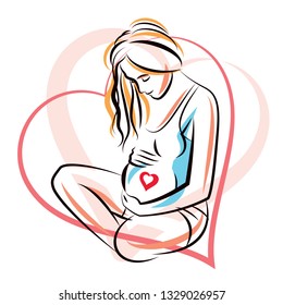 Pregnant female surrounded by heart shape frame hand drawn vector illustration, beautiful lady gently touching her belly. Love and tenderness concept.