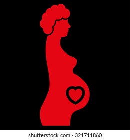 Pregnant Female vector icon. Style is flat symbol, red color, rounded angles, black background.