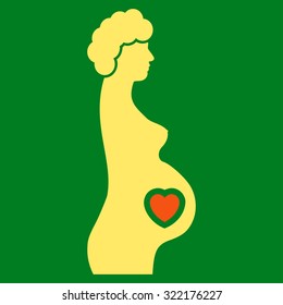 Pregnant Female vector icon. Style is bicolor flat symbol, orange and yellow colors, rounded angles, green background.