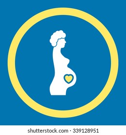 Pregnant Female vector icon. Style is bicolor flat rounded symbol, yellow and white colors, rounded angles, blue background.