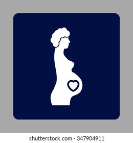 Pregnant Female vector icon. Style is flat rounded square button, white and dark blue colors, silver background.