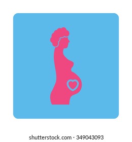 Pregnant Female vector icon. Style is flat rounded square button, pink and blue colors, white background.