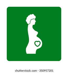 Pregnant Female vector icon. Style is flat rounded square button, white and green colors, white background.