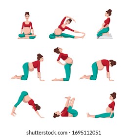 Pregnant females in sportswear while doing yoga. Set yoga for pregnant. Meditation. Relaxation. Vector Illustration in cartoon style isolated on white background.