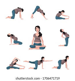 Pregnant females in sportswear while doing yoga. Set yoga for pregnant. Meditation. Relaxation. Vector Illustration in cartoon style isolated on white background.