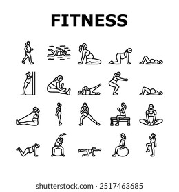 schwangere Fitness-Symbole setzen Vektor. Fitness Yoga, Kraft Flexibilität, Wellness Gesundheit, Balance Ausdauer, Ernährung schwanger Fitness schwarze Kontur Illustrationen