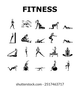 schwangere Fitness-Symbole setzen Vektor. Fitness Yoga, Kraft Flexibilität, Wellness Gesundheit, Balance Ausdauer, Ernährung schwanger Fitness Glyphe Piktogramm Illustrationen